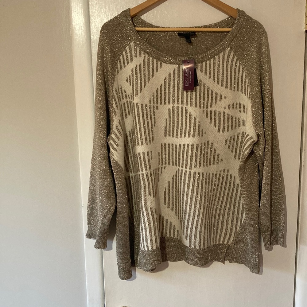 Lane Bryant Women’s Plus glitter sweater with cream/bronze tones.  Never worn